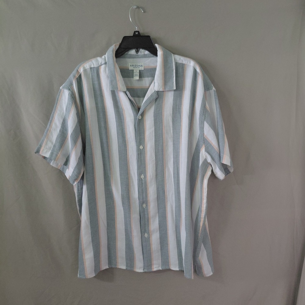 Arizona Jean Co Mens XL Short Sleeve Button Down Shirt Striped Cotton Grey Peach